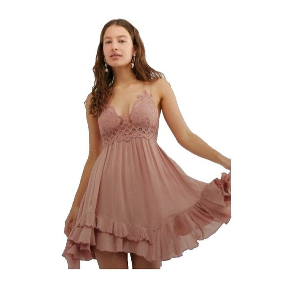 Free People One Women's XS Adella Dress Rose Pink Lace Fit Flare Slip Boho - Picture 2 of 7